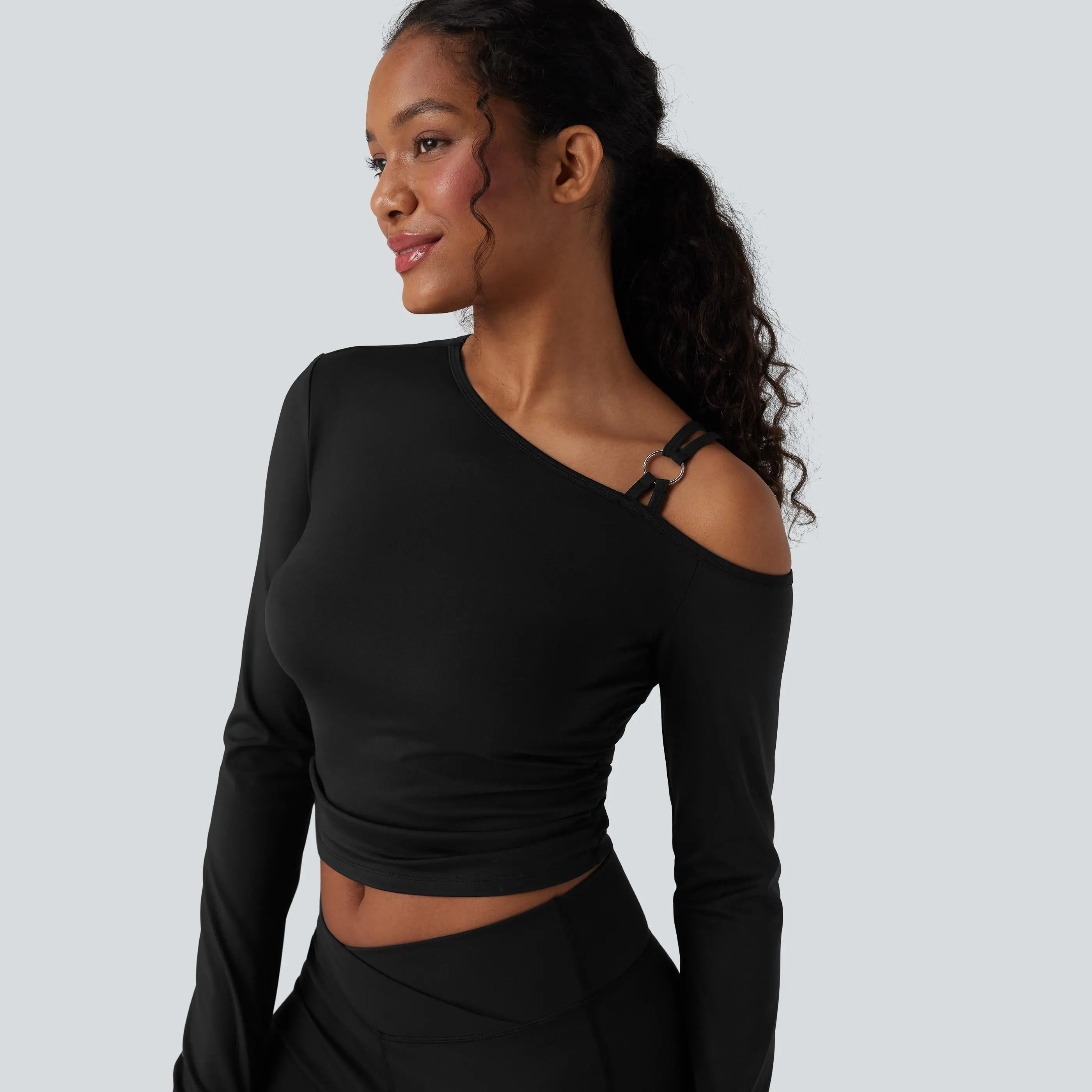 Halara SoftlyZero Airy One Shoulder Long Sleeve Thumb Holes Ruched InstantCool Yoga SportsTop-UPF50+