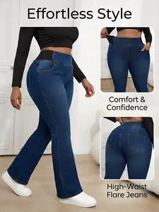 Women's Plus Size Denim Jeans Womenswear Trendy Fashion Fitted Bell Bottoms Elastic Comfortable Soft Lady New Long Pants, All Seasons