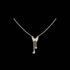 0.12 TCW Sparkling Butterfly Drop Lab Grown Pendant with Pave Wings and Delicate Dangle Chains