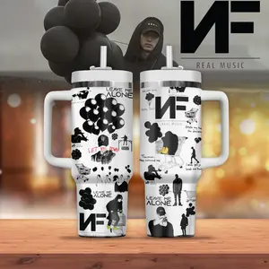 NF Real Music 40oz Tumbler With Handle – Black & White Artwork Music Cup