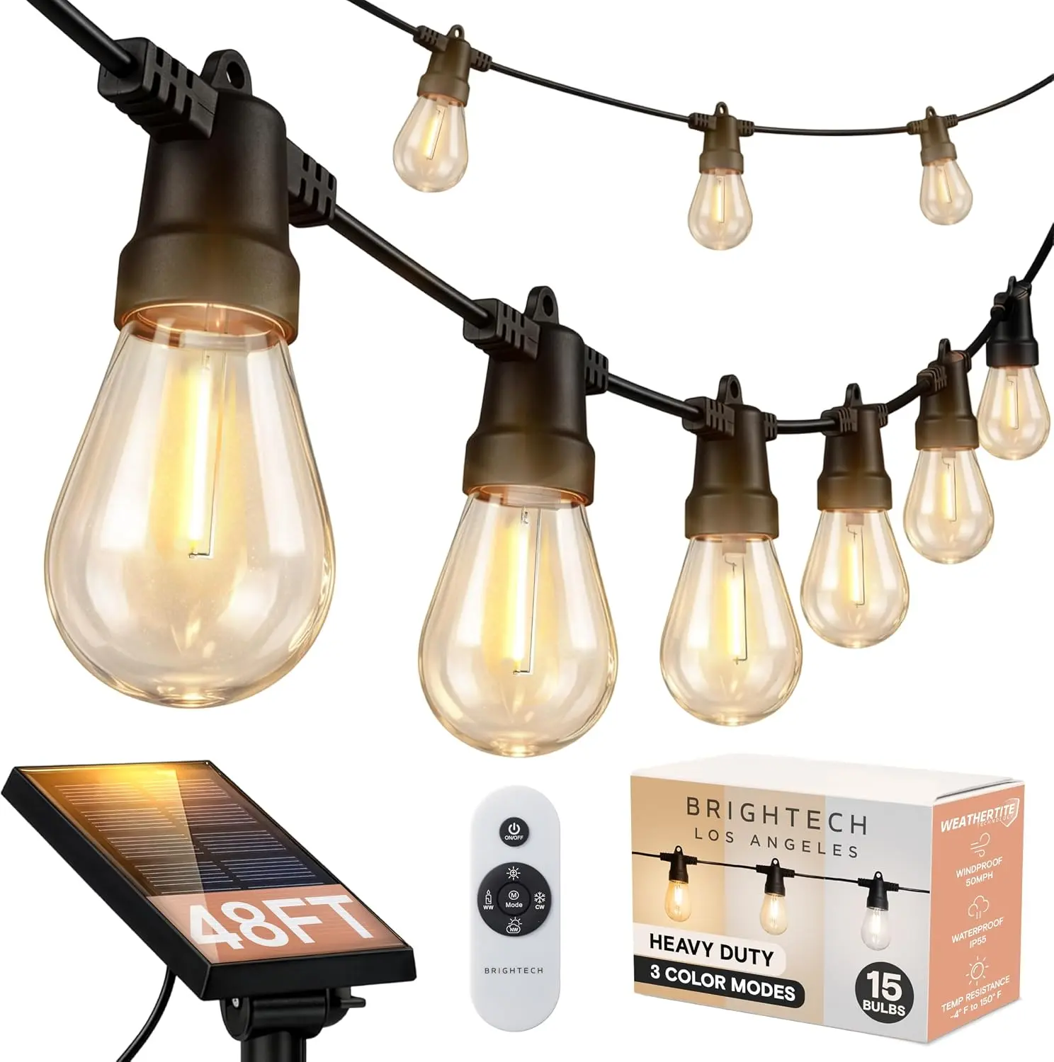 Brightech 48 (42+6) FT Ambience Pro Outdoor Solar String Lights - Bright Remote Control Color Adjustable Solar Light - Commercial Grade, 15 Waterproof LED Bulbs for Patios, Camping, Yard, Outside