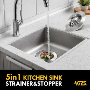 5-in-1 Stainless Steel Sink Aid, Kitchen Sink Drain Strainer Food Catcher, Popup Kitchen Sink Stopper & Odor Filter, Kitchen Sink Strainer Accessories with Drain Basket