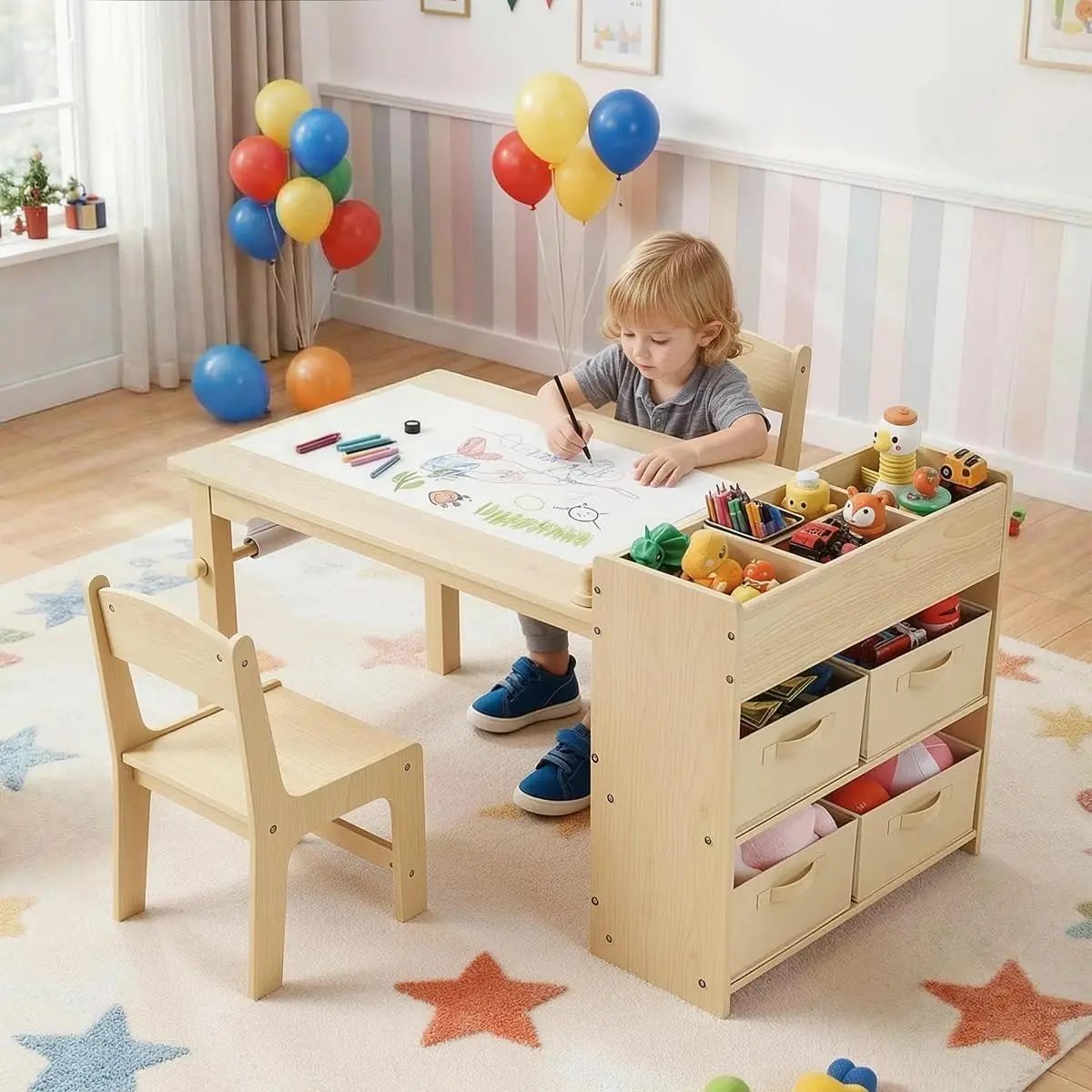 Arlopu Kids Art Table & 2 Chairs Set, Wooden Activity Craft Desk w/ Paper Roll | Sturdy Wooden Table with Organizers, Open Shelves, Removable Bins, for Toddlers Art Crafts Drawing Painting Writing, Grey/Natural