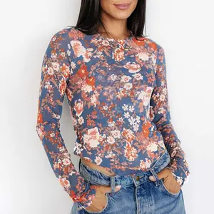 Orchid Petal Floral Print Mesh Fitted Long Sleeve Top
