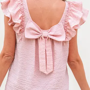 Women's Gossamer Pink/Beige Textured Cute Bow Knot Frilled Butterfly Sleeve Fashion Top