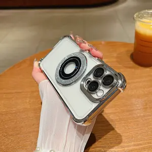 Luxury Electroplated Phone Case for iPhone 14/15 Pro/Pro Max，with Unique 360° Rotatable Diamond-Embedded Magnetic Metal Ring Stand,Air-Cushioned Corners,Electroplated,Strong Protection, Perfect Fit,Available in Black,Purple,Blue,and Silver,Elegant Design