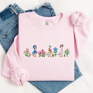 Floral Sweatshirt Embroidered Funny Goose Shirt, Embroidered Goose and Mini Floral Sweatshirt, Funny Cozy Crewneck, Gift For Her