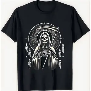 Santa Muerte Sacred Art Cotton T-shirt Mystical Skeleton with Scythe Summer Casual Sleeves
