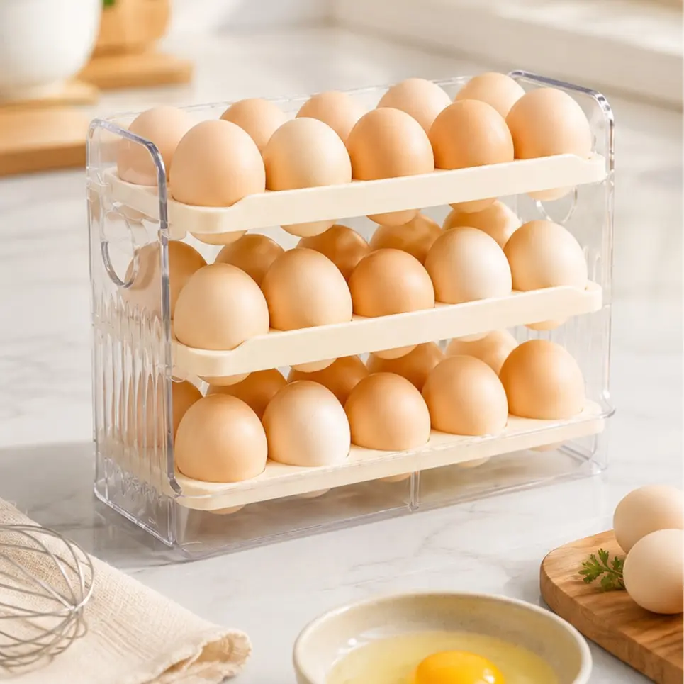 Automatic Egg Dispenser for Refrigerator | 30 Egg Rolling Egg Holder, Gravity Fed Egg Rack, Dustproof Space Saving Fridge Organizer