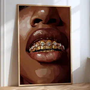 Grillz Black Art Print, Black Woman Gold Teeth Poster, Printable Grillz Art, Melanin Art, Diamond Teeth, Black Girl Decor Poster (UNFRAMED)