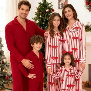 Christmas Family Matching Pajama Set Men Women Kids Lapel Neck Button Down Long Sleeve Shirt Top + Long Pants 2 Piece Loungewear Bow Striped/Solid Color Sleepwear Xmas Holiday Outfit（gift）Gift