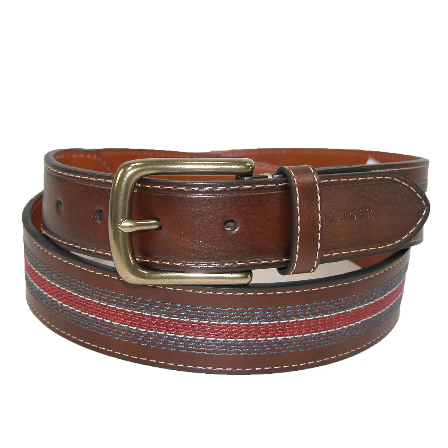Tommy Hilfiger Men's 1 3/8 Inch Width Metal Buckle Leather Belt - Contrast Stitch, Stripe Inlay, for Casual Wear and Jeans