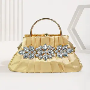 Elegant vintage faux silk handbag with rhinestones for women, new model for socialite parties, pleated evening bag in solid color