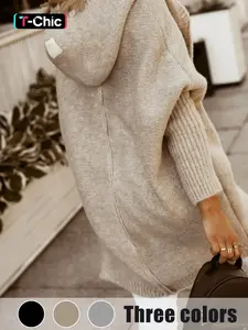 Women's Plain Chunky Open Front Hooded Knitted Cardigan Casual Batwing Sleeve Cardigan Outfits, Women Knitwear for Fall & Winter, Womenswear, Knitted Cardigan Tops