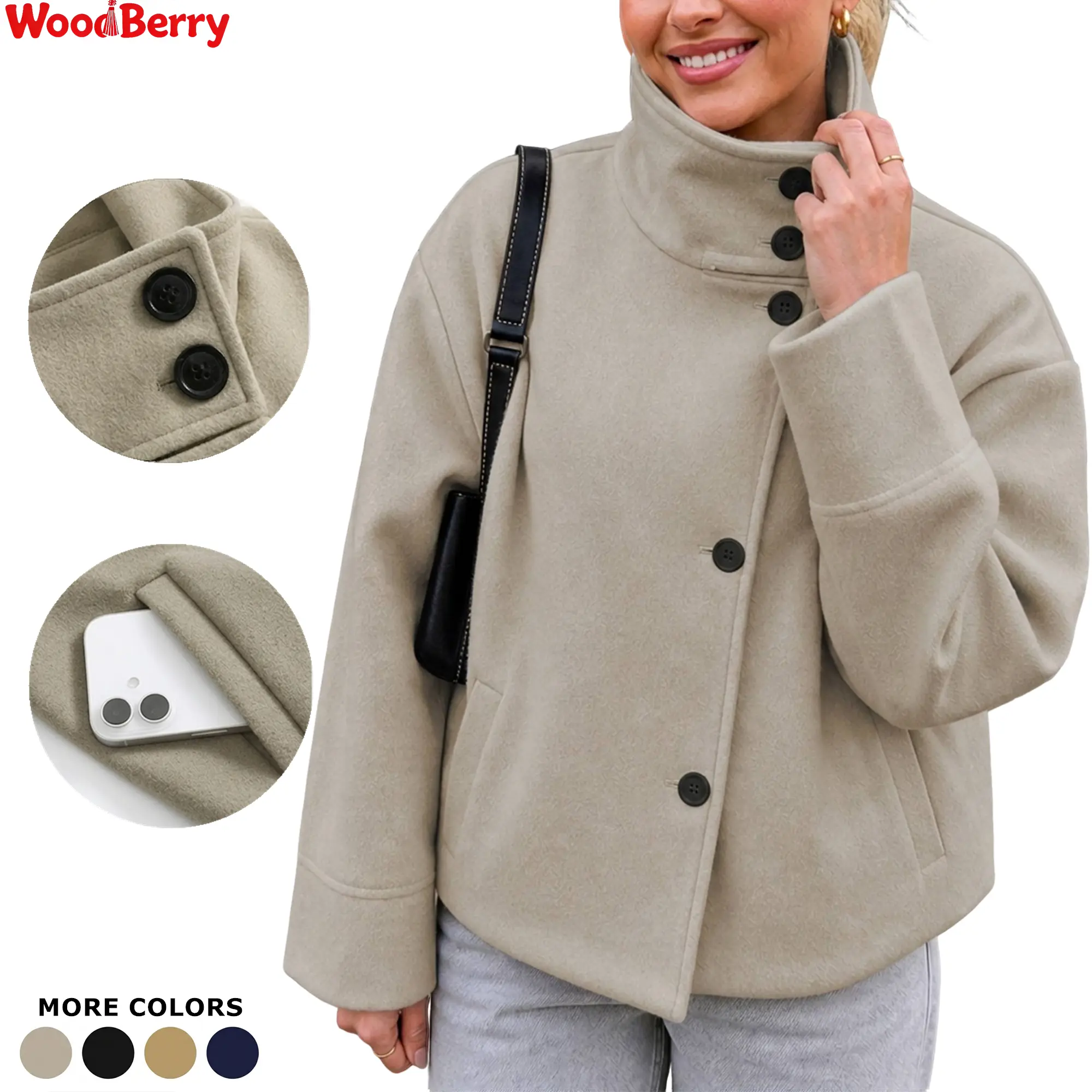 WoodBerry Women's Cropped Wool Blend Pea Coat Winter Loose Casual Stand Collar Short Overcoat Jacket