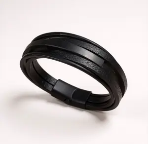Men's Black Multilayer Genuine Leather Bracelet with Alloy Bangle & Magnetic Clasp for Casual or Formal Wear