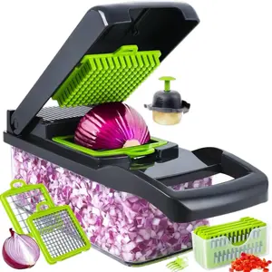 Multifunctional 14 in 1 food chopper kitchen vegetable slicer onion cutter with container and steel cutting blades Multifunctional Vegetable