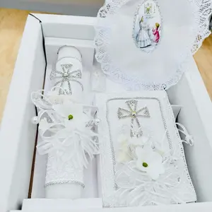 First Communion Candle Set with 8”Candle, Rosary, New Testament & Decorative Elements in Box for Boys and Girls English & Spanish