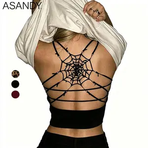 ASANDY Y2K Leopard Print Spider Web Backless Crop Top - Goth Lace-Up Camisole, Grunge Aesthetic Cami