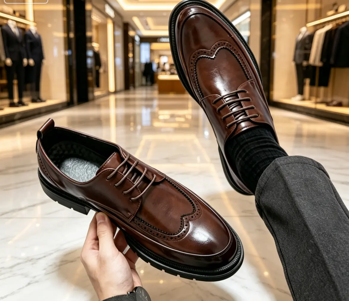 Men’s thick-soled lace-up Oxford leather shoes with embossed detailing — comfortable, breathable brogue dress shoes with deep grooved soles; suitable for casual wear, business, and commuting.