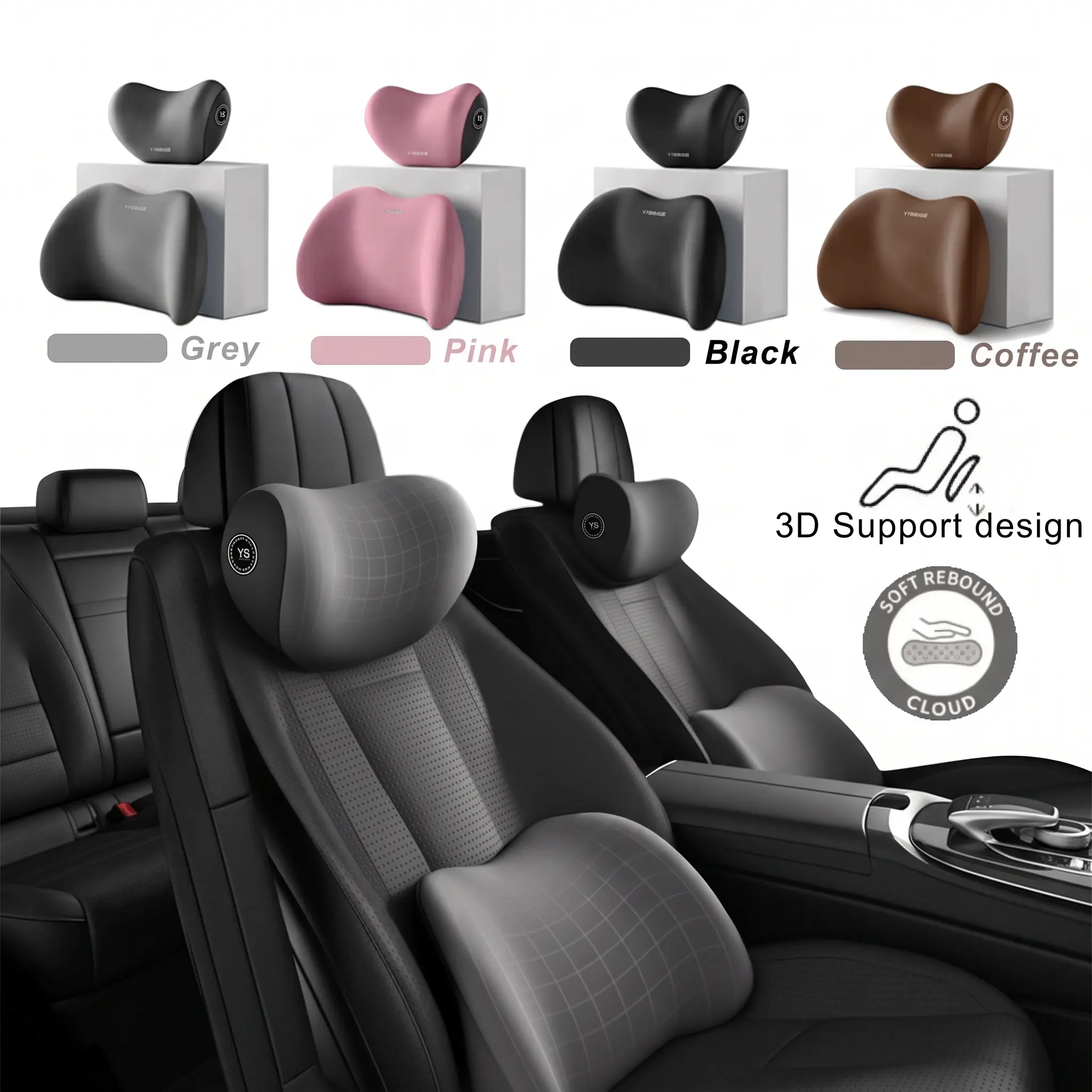 Car Neck Pillow & Lumbar Support Set, Vehicle Accessory Car Stuff Interior, Ergonomic High-Density Memory Foam Support, Smooth Cotton Headrest, Neck Care for Long Drive Pain Management (1 Cushion + 1 Headrest)