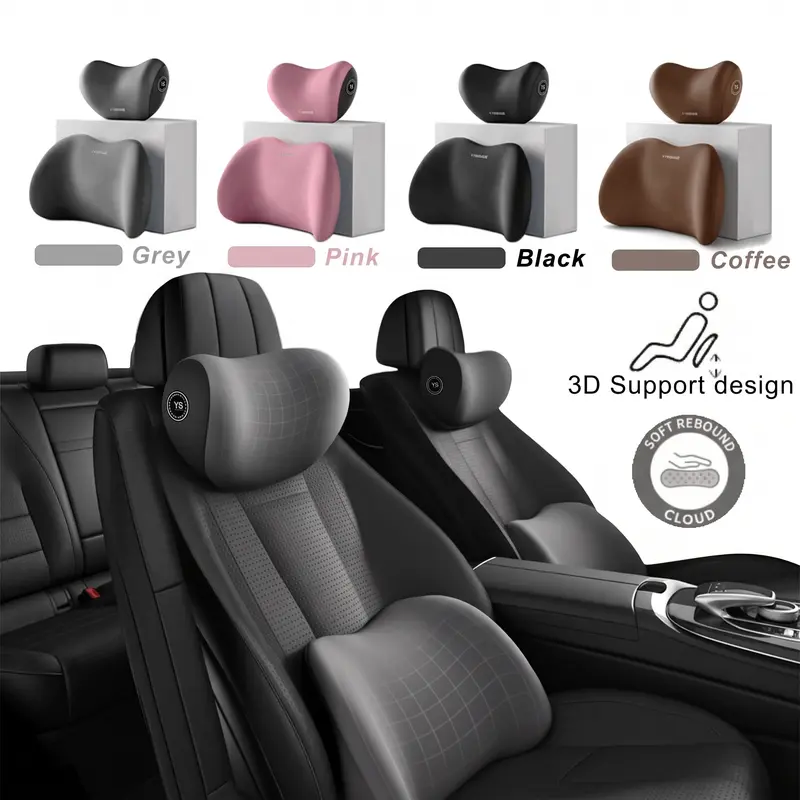 Car Neck Pillow & Lumbar Support Set, Vehicle Accessory Car Stuff Interior, Ergonomic High-Density Memory Foam Support, Smooth Cotton Headrest, Neck Care for Long Drive Pain Management (1 Cushion + 1 Headrest)