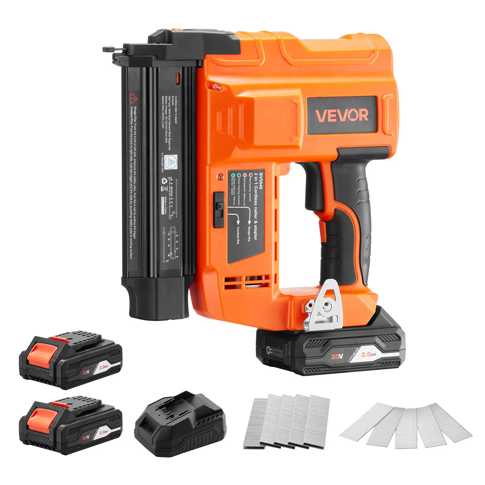 VEVOR 2-in-1 Cordless Brad Nailer & Staple Gun, 18 Gauge 20V Battery Powered, 0.6-1.6in Staples, 500 Pcs Nails, 2x2.0 Ah Li-ion Batteries, Charger, Quick Jam Release, Tool-Free Depth Adjustment, 2 Firing Modes, for Home Improvement, Woodworking, Chargers,