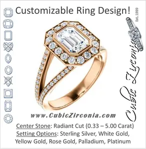 Cubic Zirconia Engagement Ring- The Maricela (Customizable Bezel-Halo Radiant Cut Ring with Wide Tapered Pavé Split Band & Decorative Trellis)