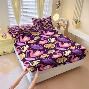 3Pcs Flamingo and Botanical Print Fitted Sheet Set,Tropical Retro-Themed Bedding Set,Soft and Durable Sheets Creating A Cozy Atmosphere, Perfect for Any Room DéCor.Includes Two Pillowcases (Excluding Pillow Core)
