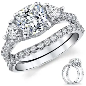 2.75Ct Moissanite Trillion Halo Vintage Cushion Filigree 18K White Gold over Silver Wedding Engagement Ring Set