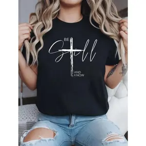 100% Be Still And Know Inspirational Christian T-Shirt for Women, Crew Neck Print Shirts, Graphic Tees for Women, Machine Washable Comfortable Fit Tee for All Seasons, Fun Graphic T-Shirt