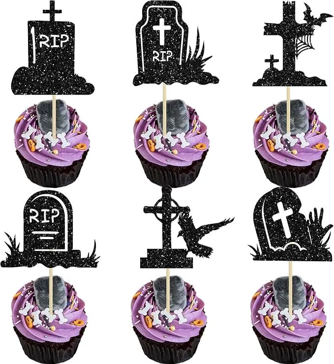 24Pcs Halloween Tombstone Cupcake Toppers Glitter RIP Cemetery Graves Zombie Cross Cupcake Picks for Halloween Theme Birthday Party Cake Decorations Supplies