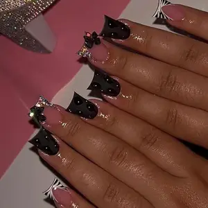 24 Pcs Black Duck Press on Nails Short Fake Nails with Glue French Tip False Nails with Bow Rhinestone Design Handmade Nails Duck Nail Tips Acrylic Nails Press ons Stick on Nails for Women