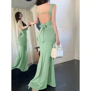 Pea Green Color Sexy Draped Neck Backless With Tie Knot Waist Ruched Slim Fit Simple Fish Tail Hem Dress