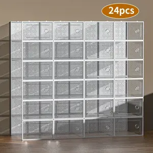 Stackable Shoe Boxes, Clear Plastic Storage Bins, Multi-purpose Organizer for Sneakers, Bags, Hats and Boots, Rectangular Space-saving Design, Easy to Assemble, Set of 12/24 Transparent