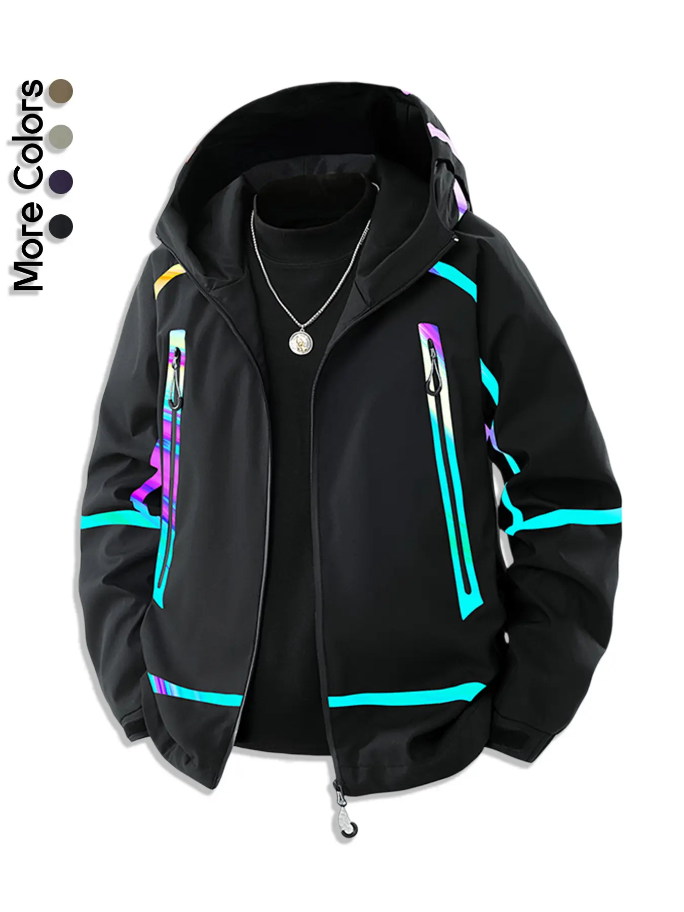 Men's Cyberpunk Holographic Reflective Windbreaker Jacket, Loose Fit Techwear Hoodie, Deep Purple, Waterproof, Perfect for Night Activities