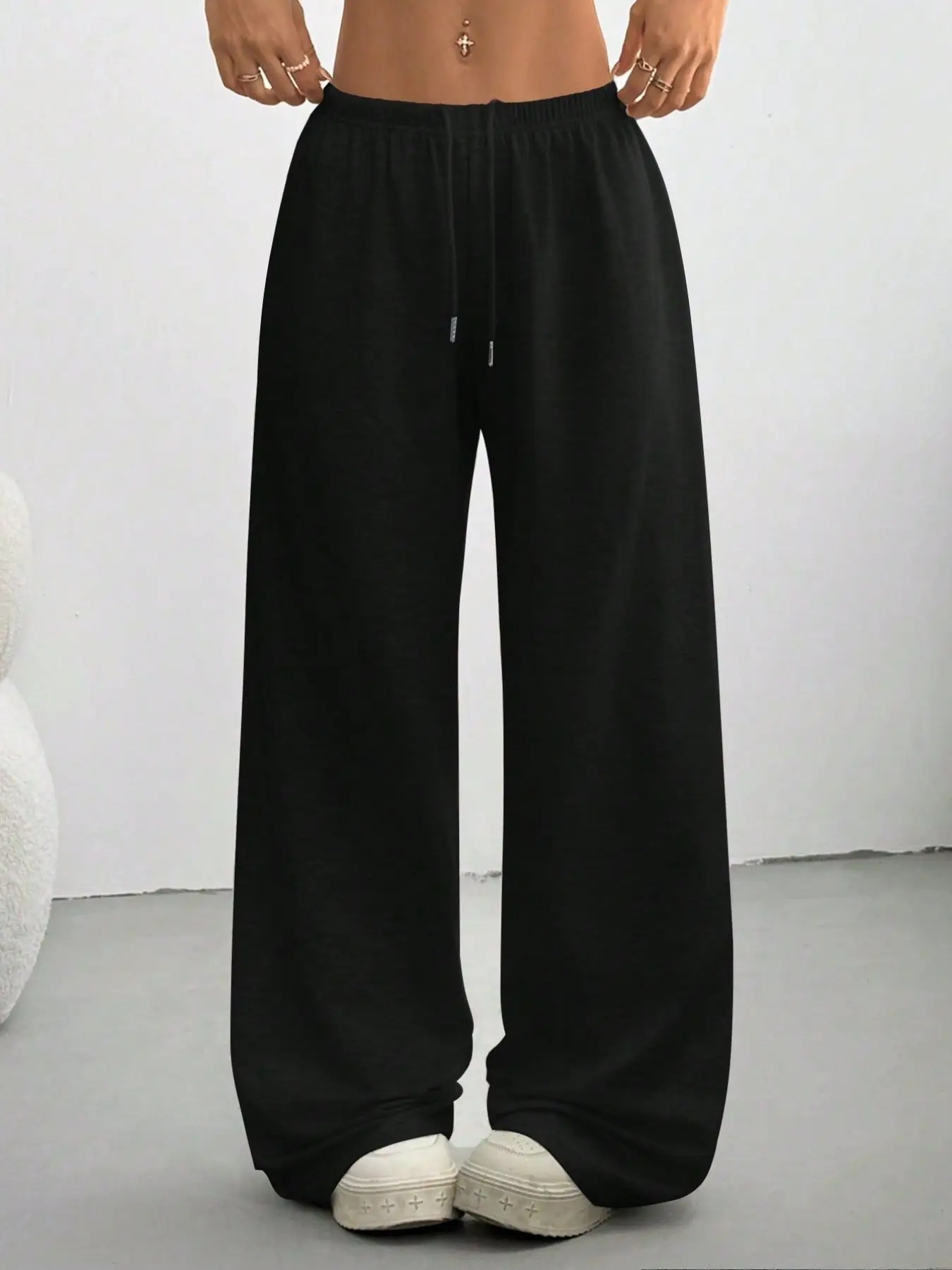 A pair of women's casual and fashionable drawstring wide leg pants Casual Fashion Trousers Womenswear, with a high waist and a loose straight fit, versatile and slimming effect. Suitable for all seasons, suitable for home, indoor, and outdoor wear