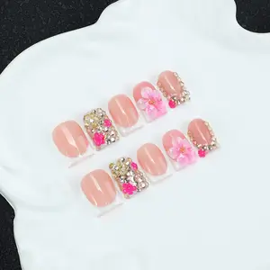 10pcsHandmade French Tip Press On Nails, 3D Pink Flower Rhinestone Acrylic Fake Nails, Stylish Acrylic Nails, Reusable Detachable Manicure Kit for Women, Free Nail Tool Kit, Long Lasting Press-on Nails for Daily/Party/Wedding, A gift for women