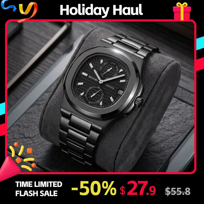 SKMEI Men's Classic Business Polygonal Quartz Analog Wristwatch - 42.7mm Steel Band, Day & Date Display, Clean Layout, Business Look, for Corporate Office Wear & Casual Daily Use