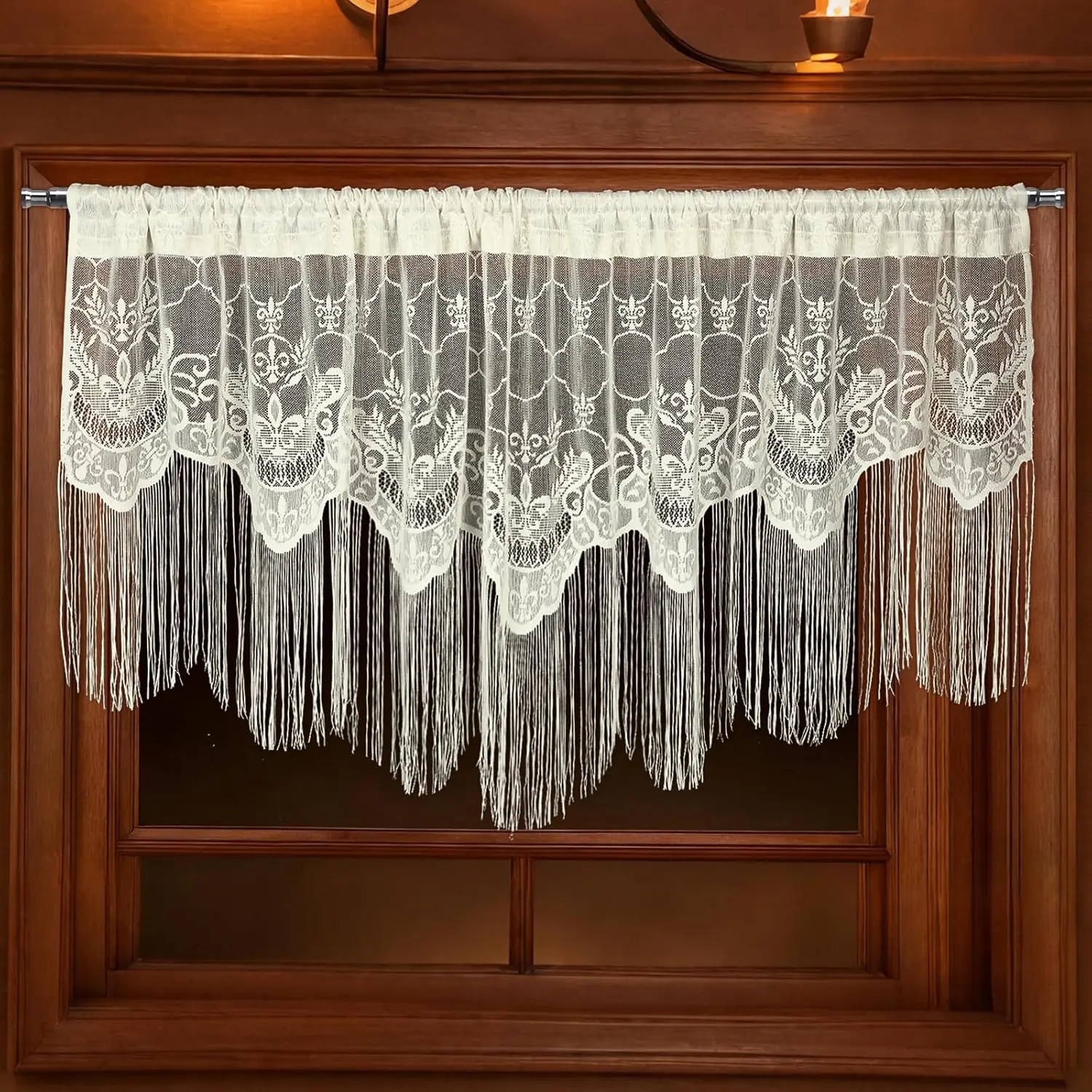 1 Pcs Lace Scalloped Valance for Window 56 x 23 Inch Victorian Window Treatment Swag Valance Ivory Floral Lace Curtain 1.5 Inch Rod Pocket for Living Room Bedroom (56 x 23 Inches,Elegant)