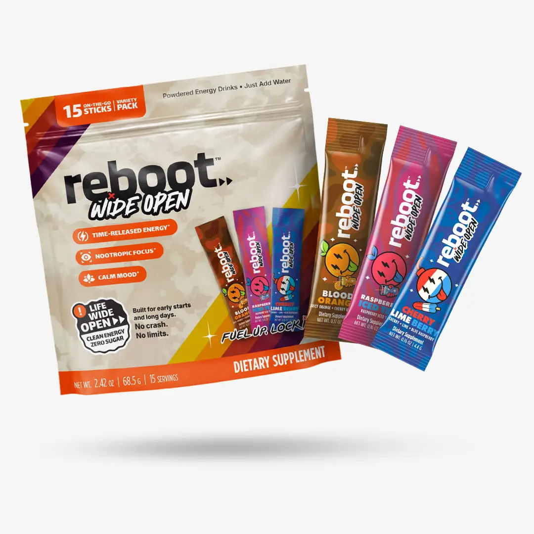 Reboot Wide Open Energy Drink Mix Variety Pack | 15 Servings | Brain & Body Support: Creatine Monohydrate, L-Theanine, L-Tyrosine, Alpha-GPC