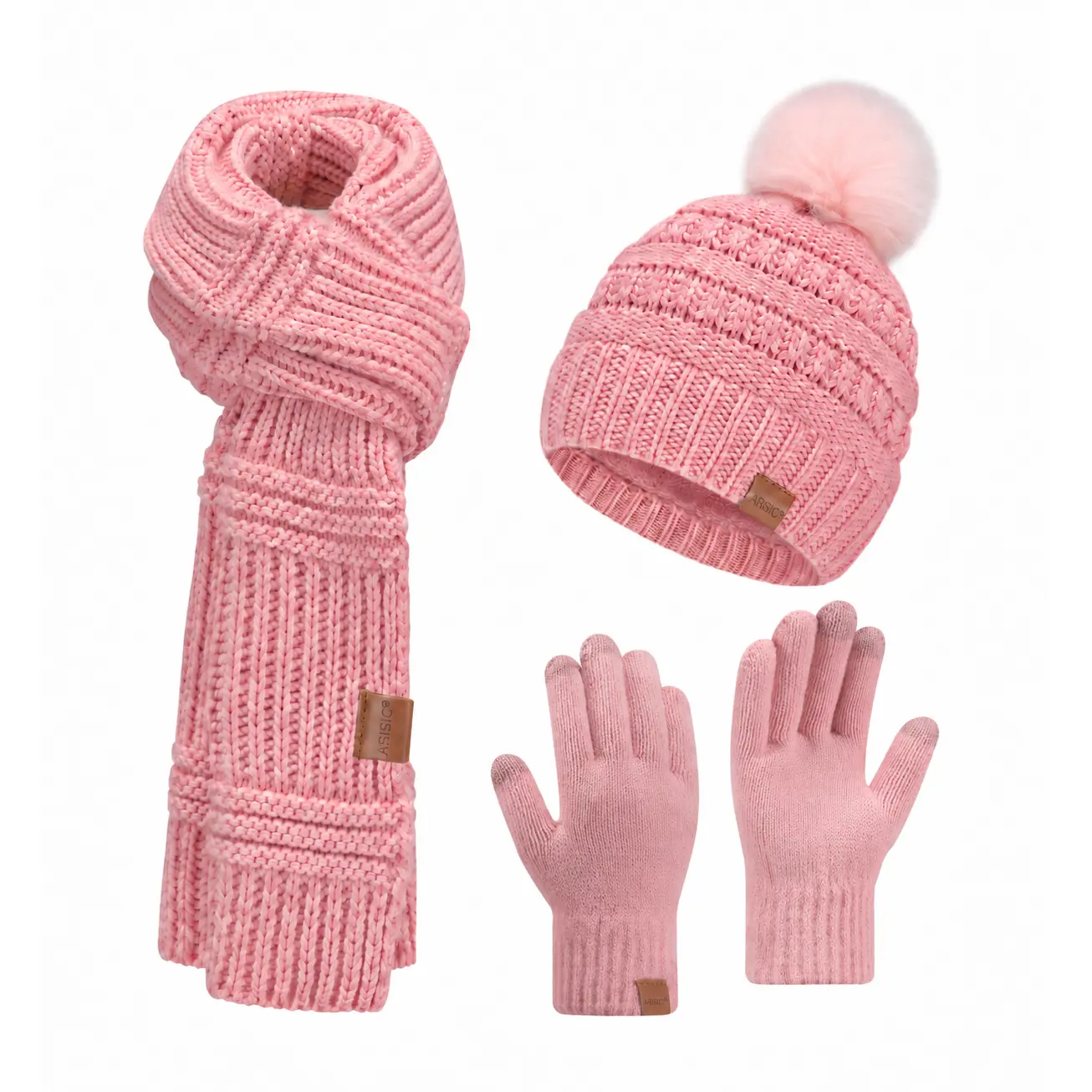 Women's 3-Piece Casual Unisex Winter Outdoor Warm Accessories Set - Marled Ribbed Pink Knit Pom Beanie, Cozy Scarf, Touchscreen Gloves