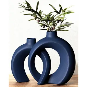 Blue Vase Set of 2 - Donut Navy Vases Home Decor, Modern Coastal Decor - Decorative Vase, Ceramic Decorations for Living Room Coffee Table Bookshelf Shelf Console Mantle (Matte Navy Blue)