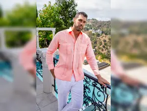 Men's 100% Linen Guayabera Shirt Long Sleeve with Embroidery and Pin Tuck Trim Accent