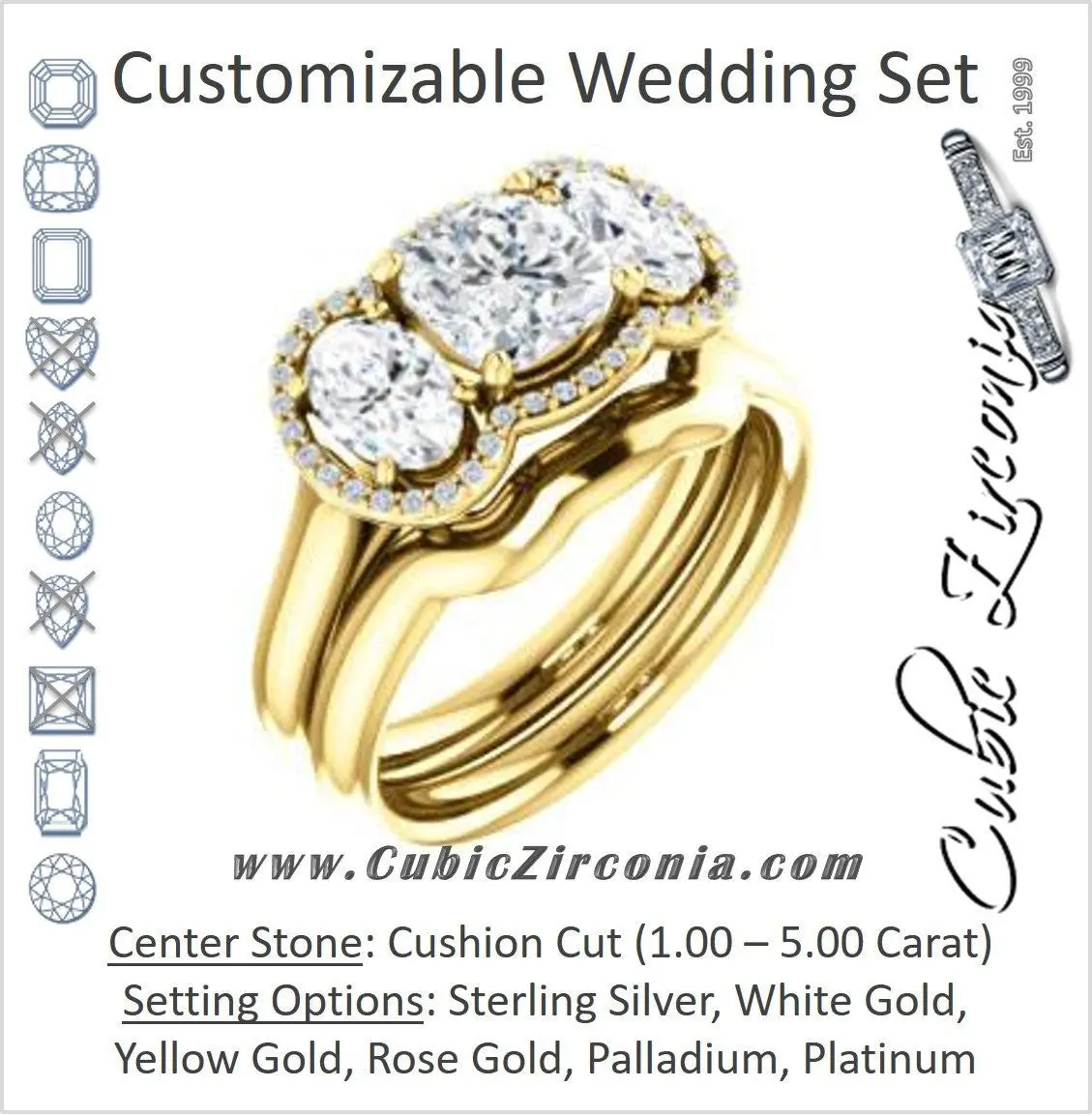 CZ Wedding Set, featuring The Carissa engagement ring (Customizable Cushion Cut 3-stone Halo Style with Oval Accents)