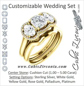 CZ Wedding Set, featuring The Carissa engagement ring (Customizable Cushion Cut 3-stone Halo Style with Oval Accents)