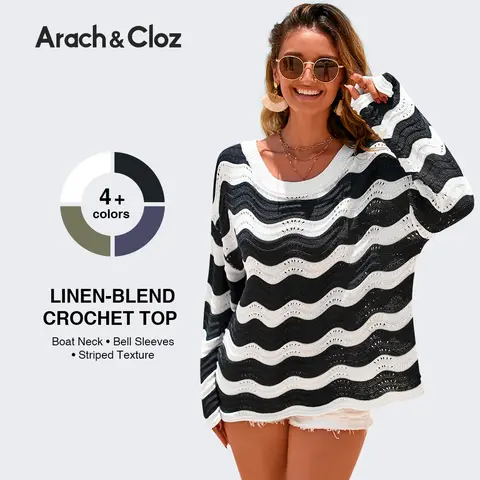 Arach&Cloz Women's Lightweight Linen Blend Oversized Crochet Striped Bell Sleeve Top Machine Wash