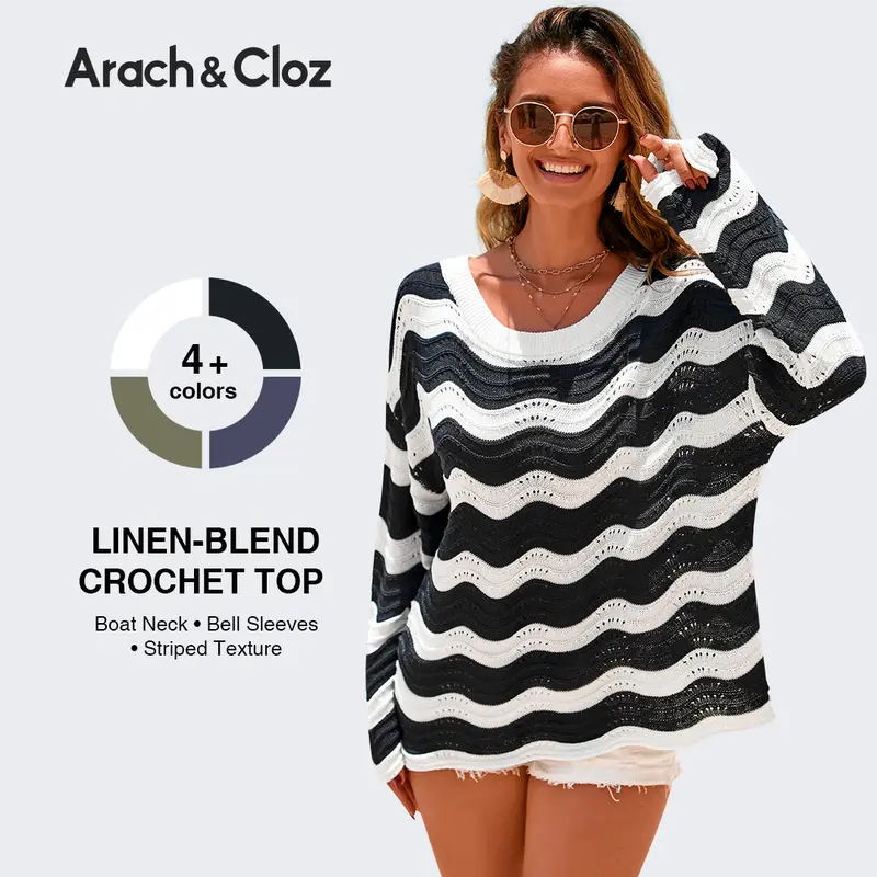 Arach&Cloz Women's Lightweight Linen Blend Oversized Crochet Striped Bell Sleeve Top Machine Wash