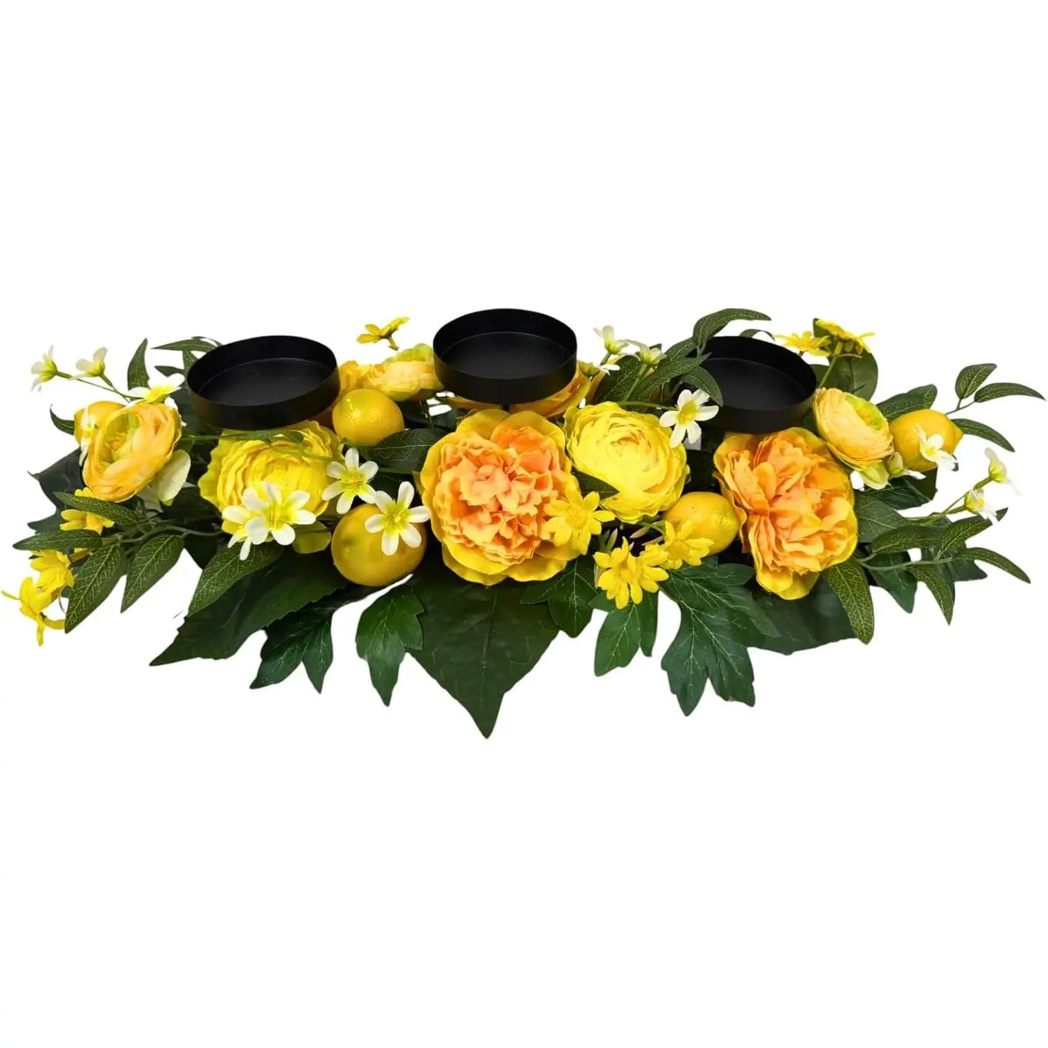 25 Inch Lemon Floral Centerpiece for Dining Table with 3 Candle Holders Spring Summer Table Centerpiece with Artificial Peony & Faux Lemon Flower Arrangement, Mantel Rustic Farmhouse Decor