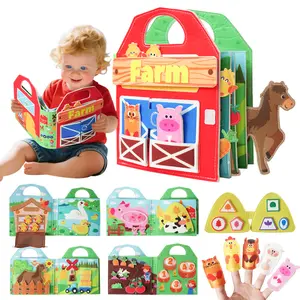 Children's sensory busy book interactive education 3D cloth book, farm animal vegetable theme game with 6 hand puppets, 0-3 year old boys and girls outdoor travel quiet book, classroom activity manual teaching felt toy birthday gift